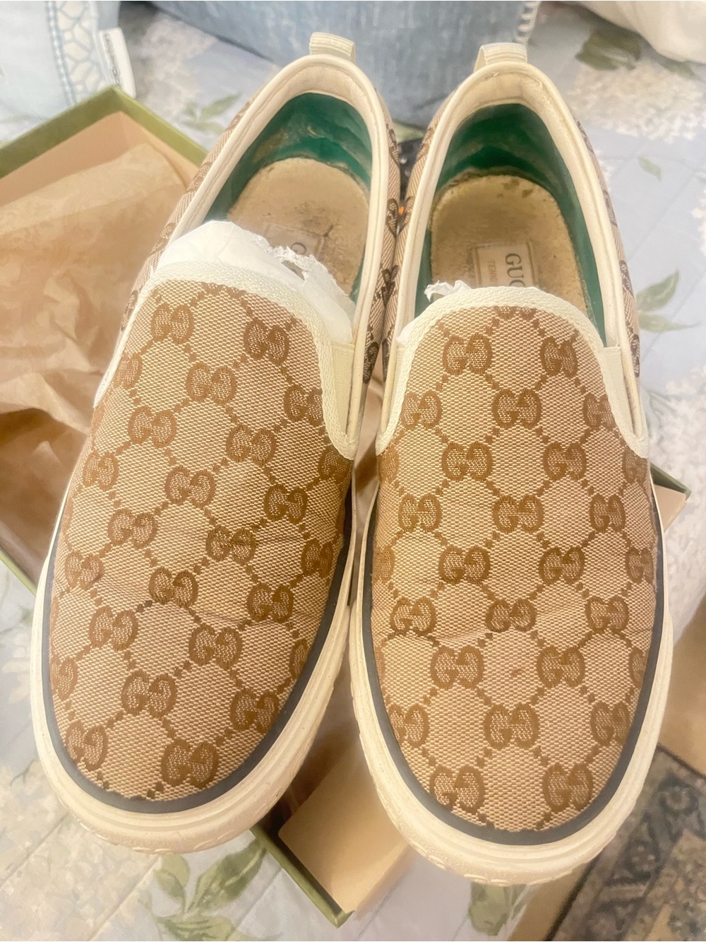 Authentic Gucci Beige/Brown GG Canvas Slip-On Sneakers with Cream Trim size 8 UK